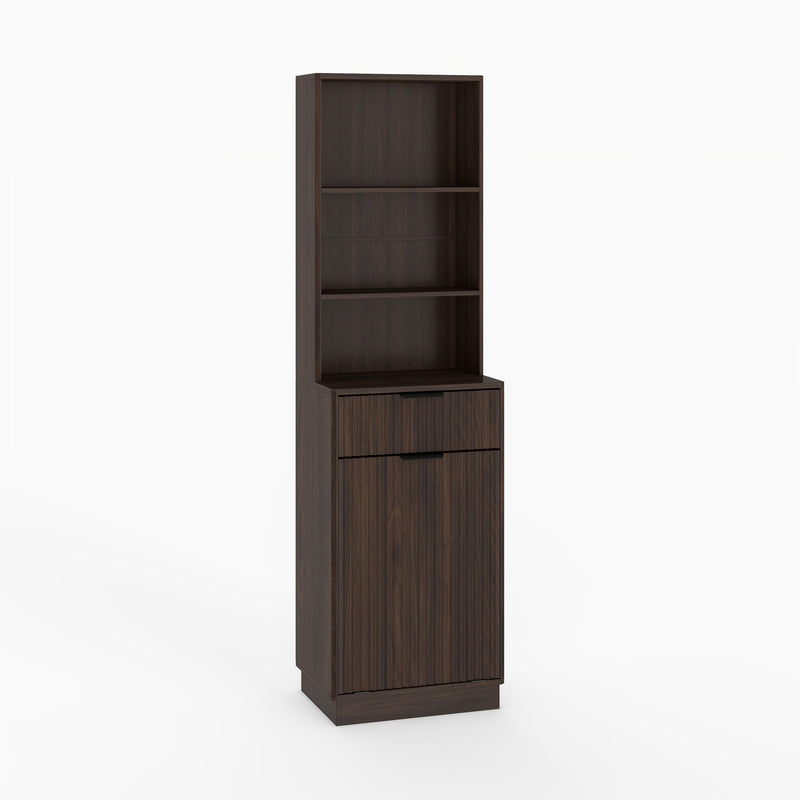 Dark brown tall fluted storage cabinet with three open shelves, a drawer, and closed lower door