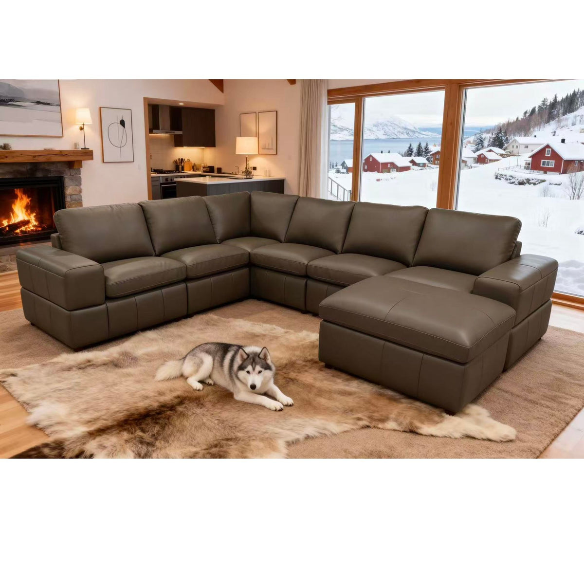 Dark green modular sectional sofa with square arms and chaise-style ottoman seating