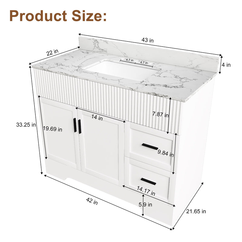 White bathroom vanity with sink and fluted front, two doors and two drawers layout