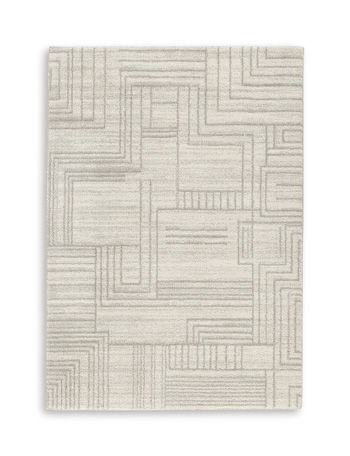 Gray washable rug with interlocking geometric lines and block shapes