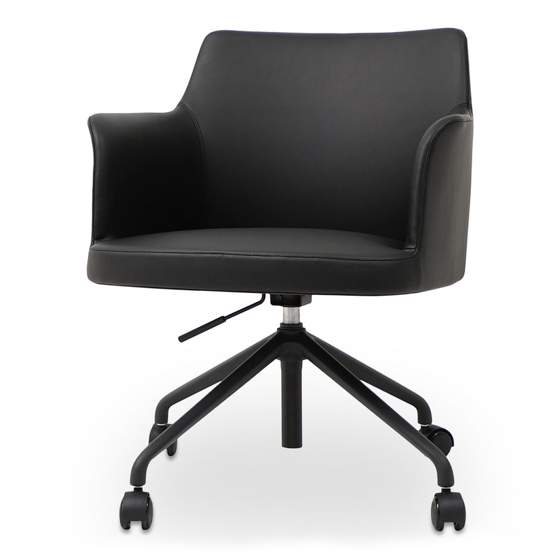 Black PVC office swivel chair with padded seat, curved armrests, and caster base