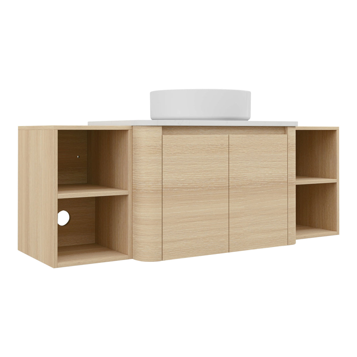 Mounted bathroom vanity with white countertop and round white sink, central cabinet door