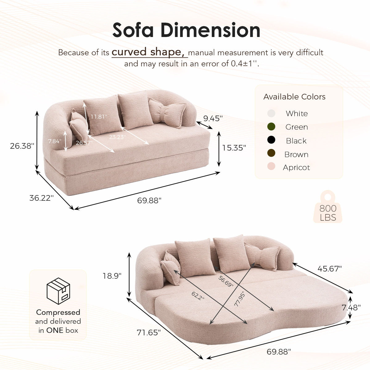 Foldable Sofa Bed, Boneless Couch Convertible Sleeper With 4 Pillows