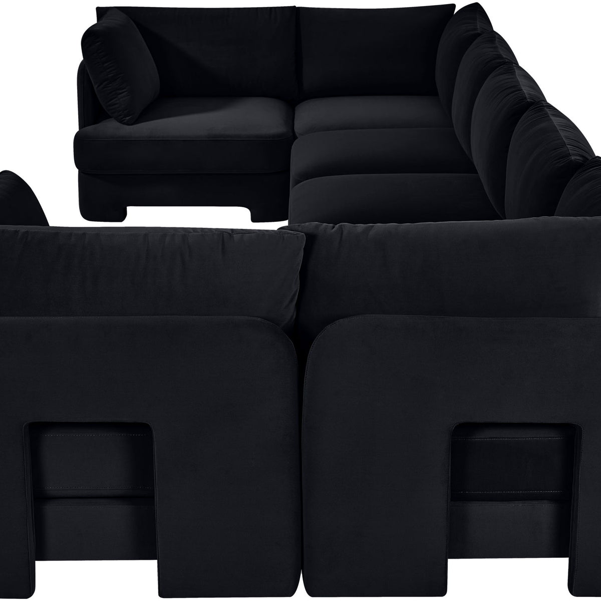 Black U-shaped sectional sofa with rounded arms and thick padded back cushions