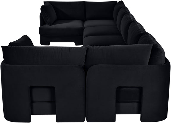 Black U-shaped sectional sofa with rounded arms and thick padded back cushions