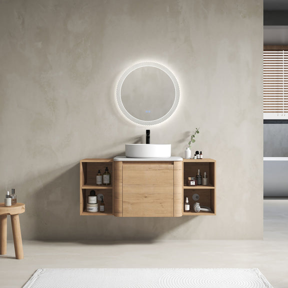 Wall bathroom vanity with white vessel sink and central cabinet door plus two side shelves
