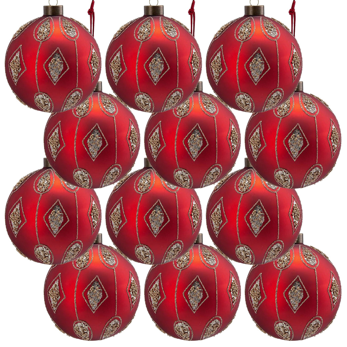 Set of red and gold hanging Christmas ball ornaments with diamond patterns and gold caps