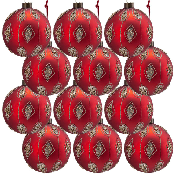Set of red and gold hanging Christmas ball ornaments with diamond patterns and gold caps