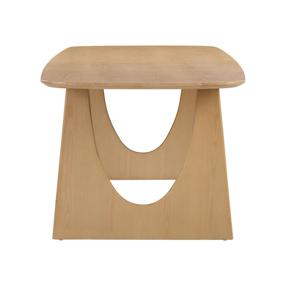 Light brown dining table with rounded top and U-shaped cutout trestle base