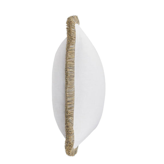 Ivory cushion pillow side view with tan fringed edge