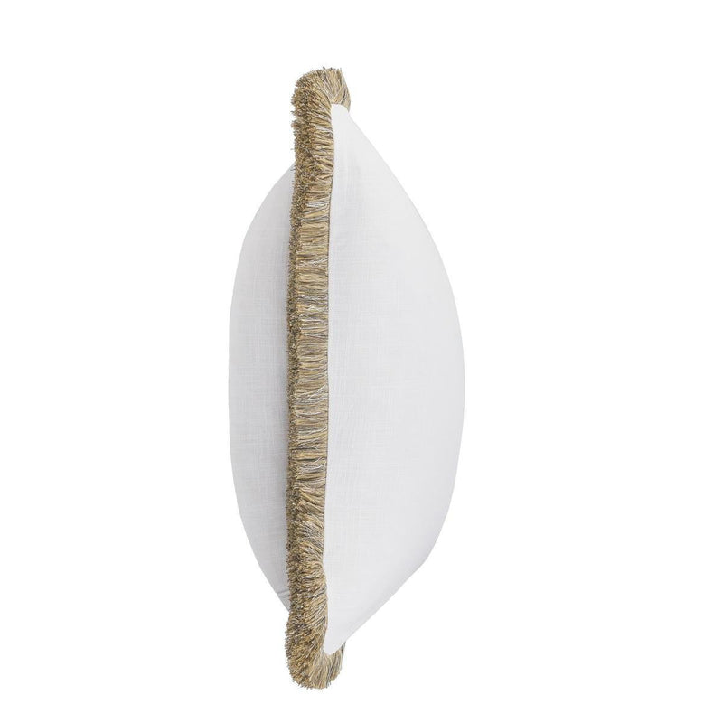 Ivory cushion pillow side view with tan fringed edge