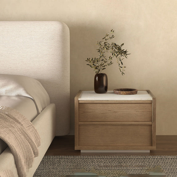 Oak nightstand with two drawers and a square top surface