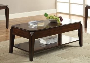 Dark walnut lift-top coffee table with lower storage shelf