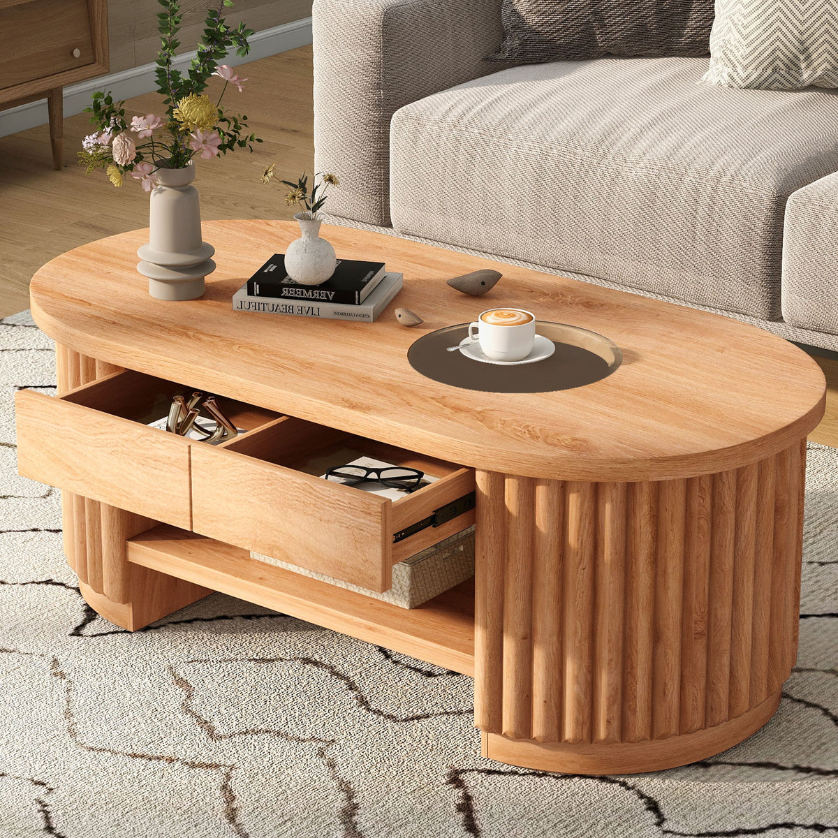 Fluted Oval Coffee Table With Drawers, 2 Tier Cocktail Table