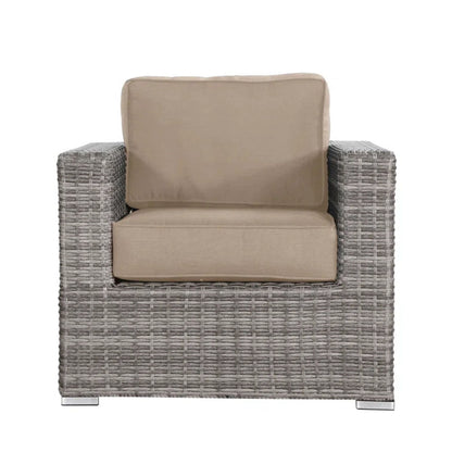 Outdoor patio chair with dark gray woven frame and beige seat and back cushions
