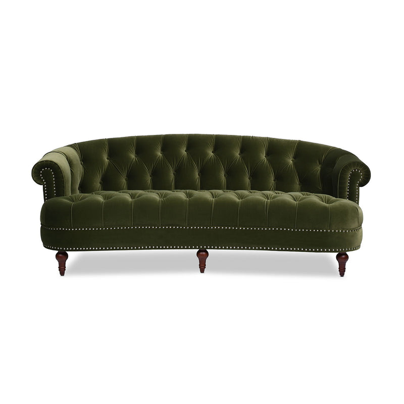 La Rosa Victorian tufted Chesterfield sofa, dark green velvet, rolled arms, nailhead trim