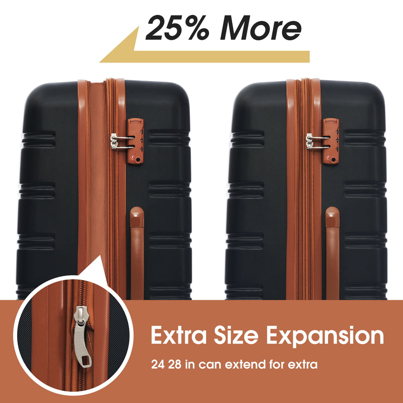 Black hardshell suitcase close-up with brown expansion zipper and side zipper seam detail.