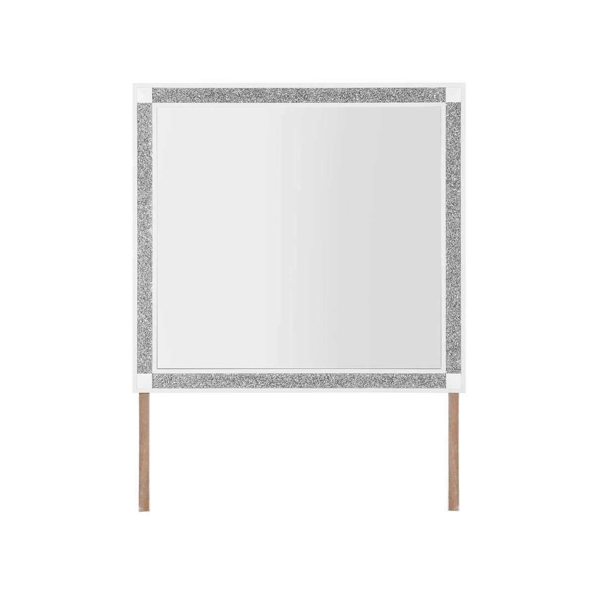 White framed wall mirror with glittered gray border and four light wood legs