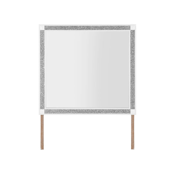 White framed wall mirror with glittered gray border and four light wood legs
