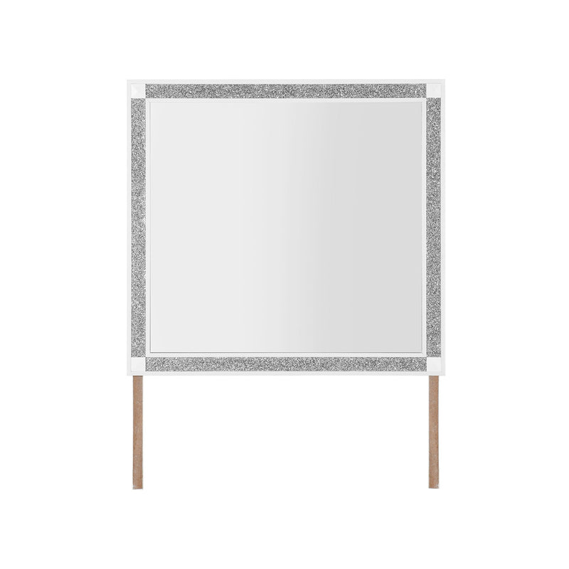 White framed wall mirror with glittered gray border and four light wood legs