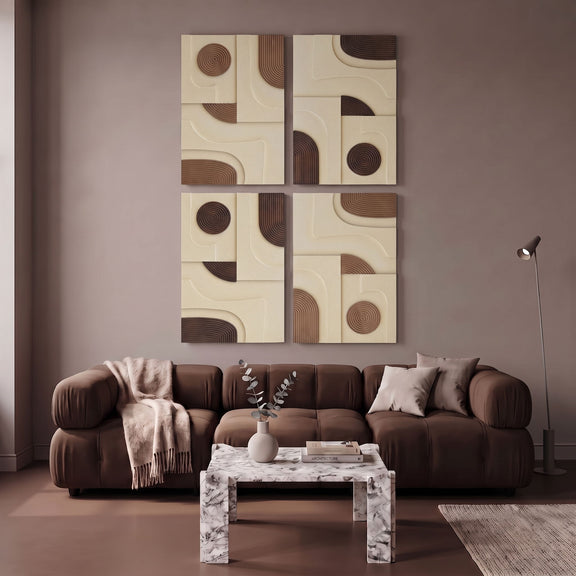 Set of 4 wall panels with brown circular motifs on light cream, mounted on wall