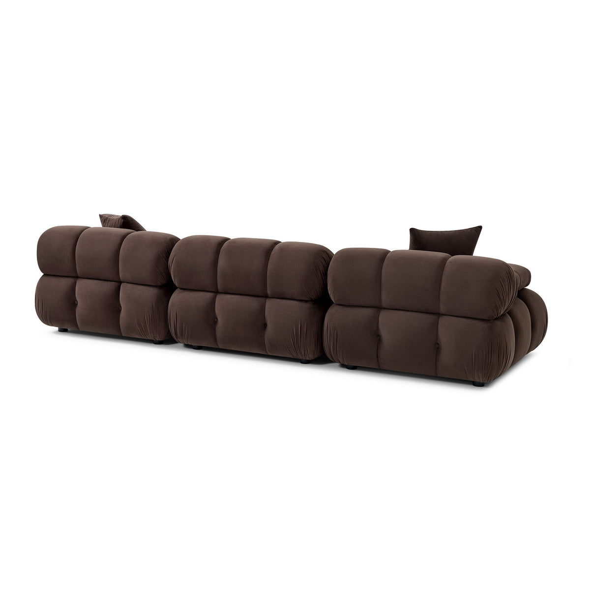 Brown modular sectional sofa with rounded seat blocks and two back pillows