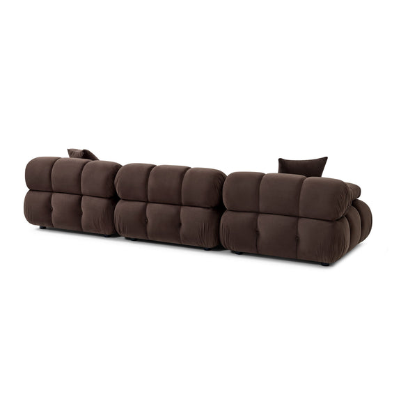 Brown modular sectional sofa with rounded seat blocks and two back pillows