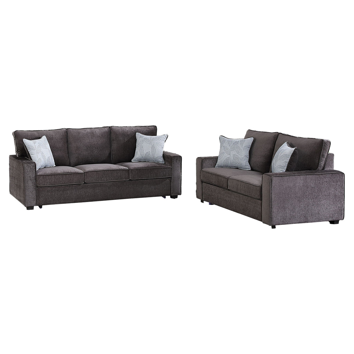 Rita LED living room sofa and loveseat set, gray fabric with five accent pillows