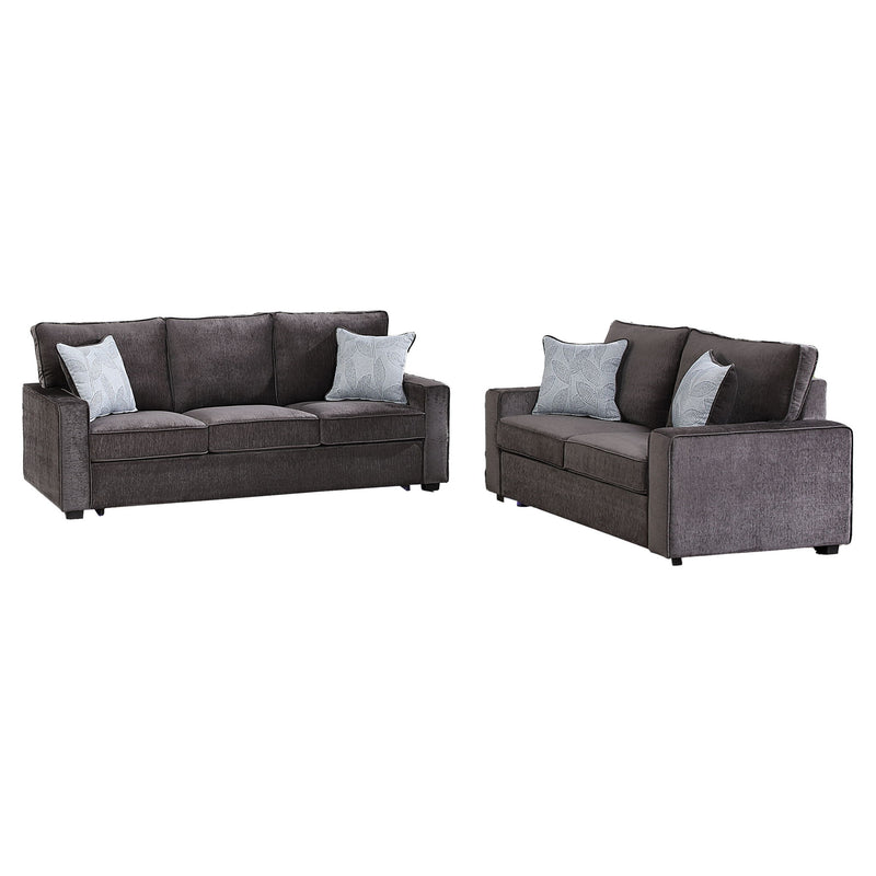 Rita LED living room sofa and loveseat set, gray fabric with five accent pillows