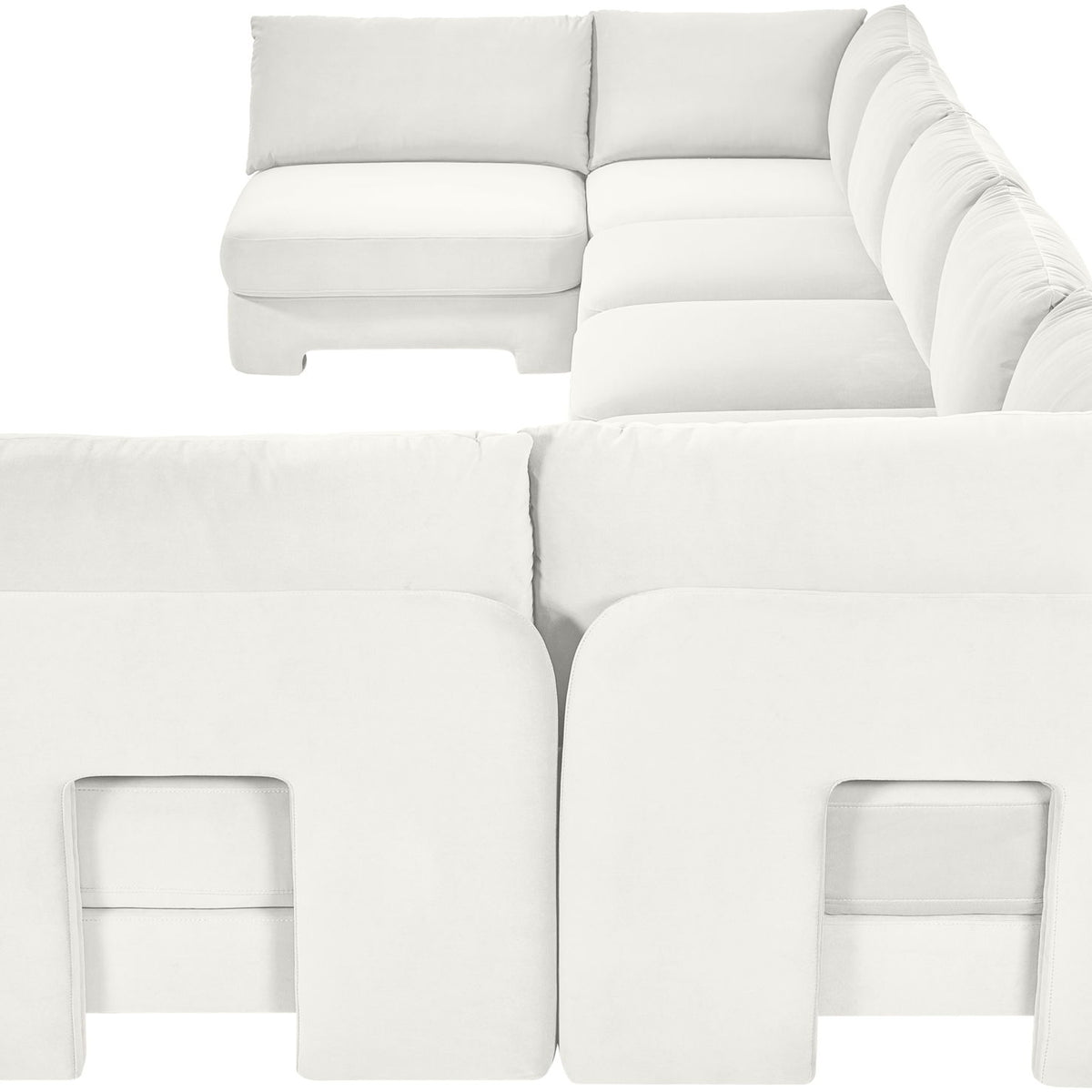White velvet performance fabric U-shaped armless sectional, close view of seat and back.