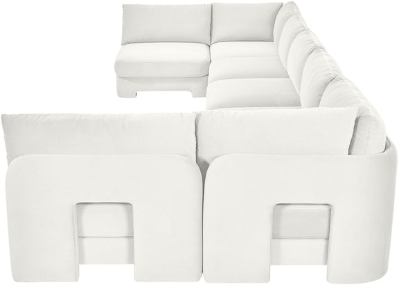 White velvet performance fabric U-shaped armless sectional, close view of seat and back.