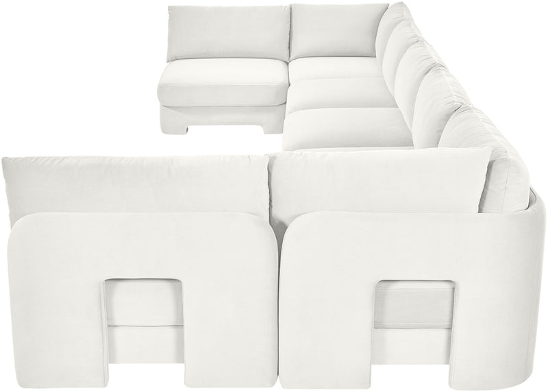 White velvet performance fabric U-shaped armless sectional, close view of seat and back.