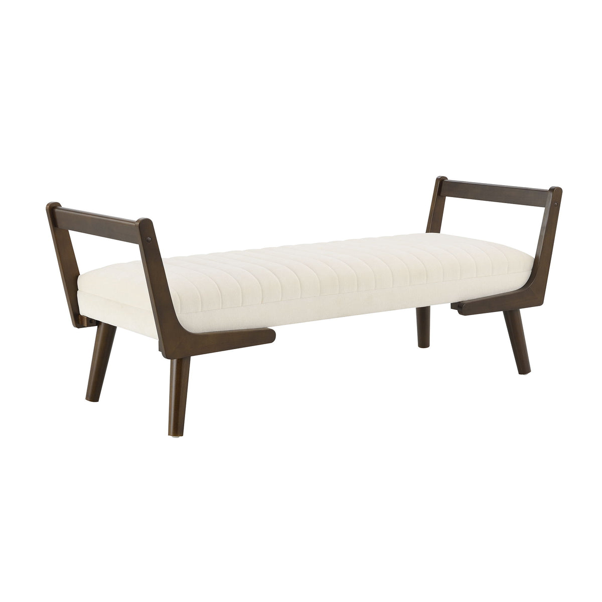 Mid-century bench with wood legs, beige tufted upholstery and end backrests