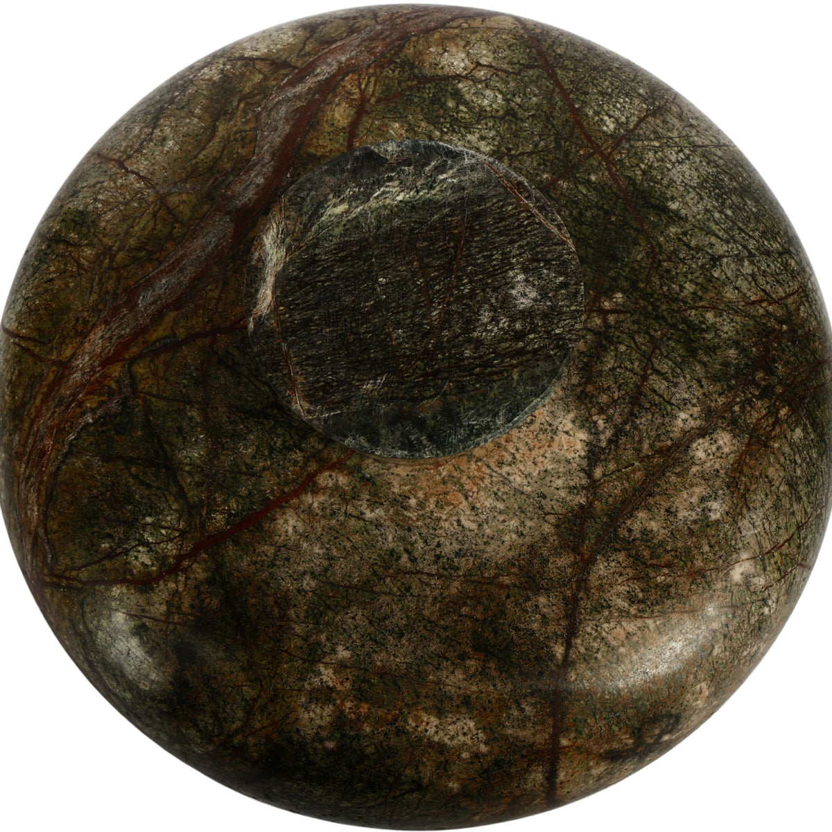 Dark green marble bowl with swirling veining and rounded dish shape