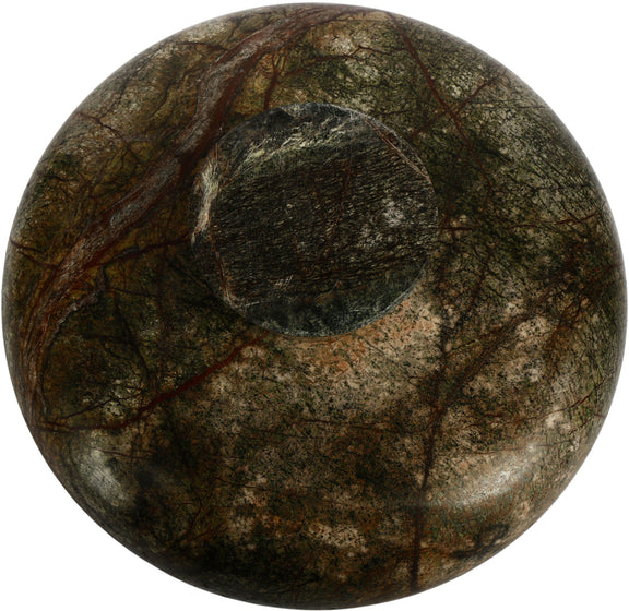 Dark green marble bowl with swirling veining and rounded dish shape