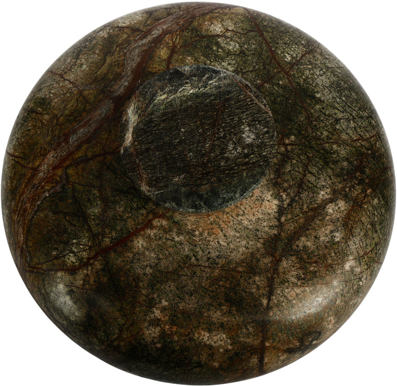 Dark green marble bowl with swirling veining and rounded dish shape