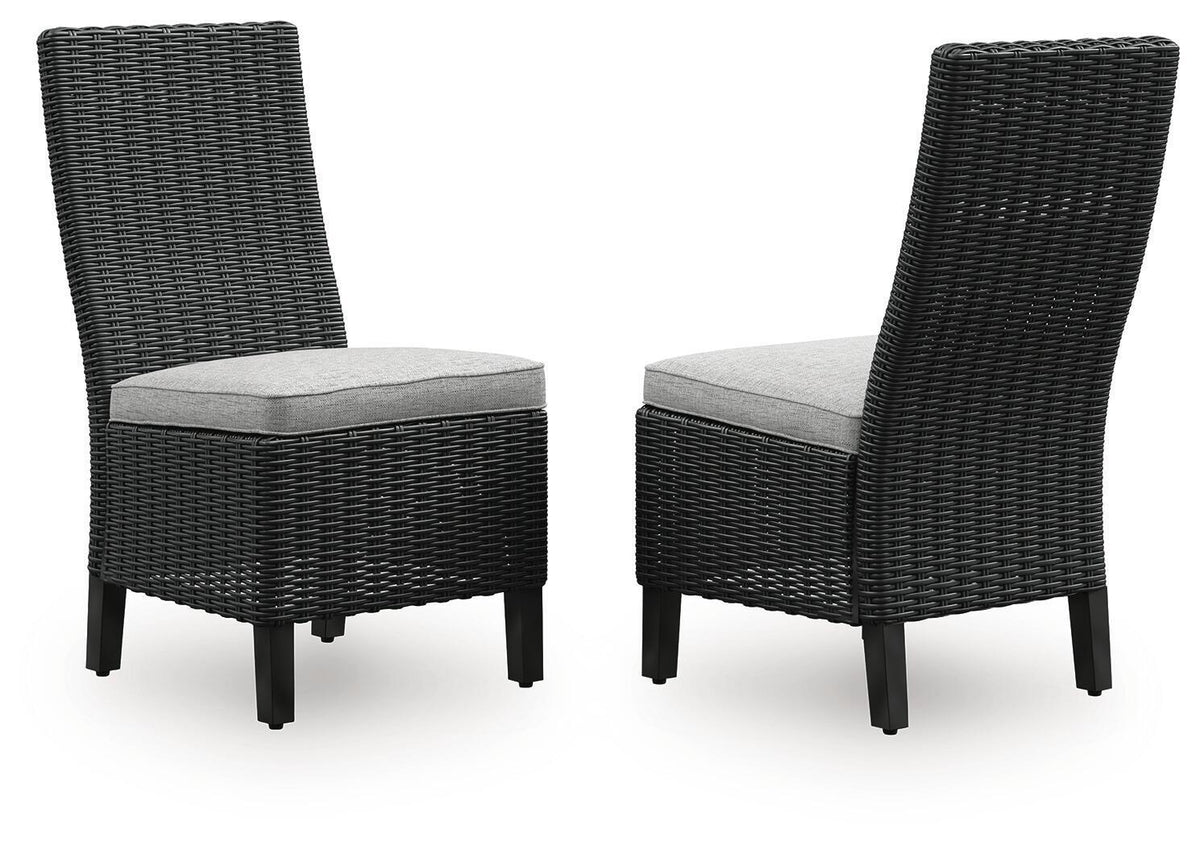 Set of 2 black woven wicker side chairs with light gray seat cushions