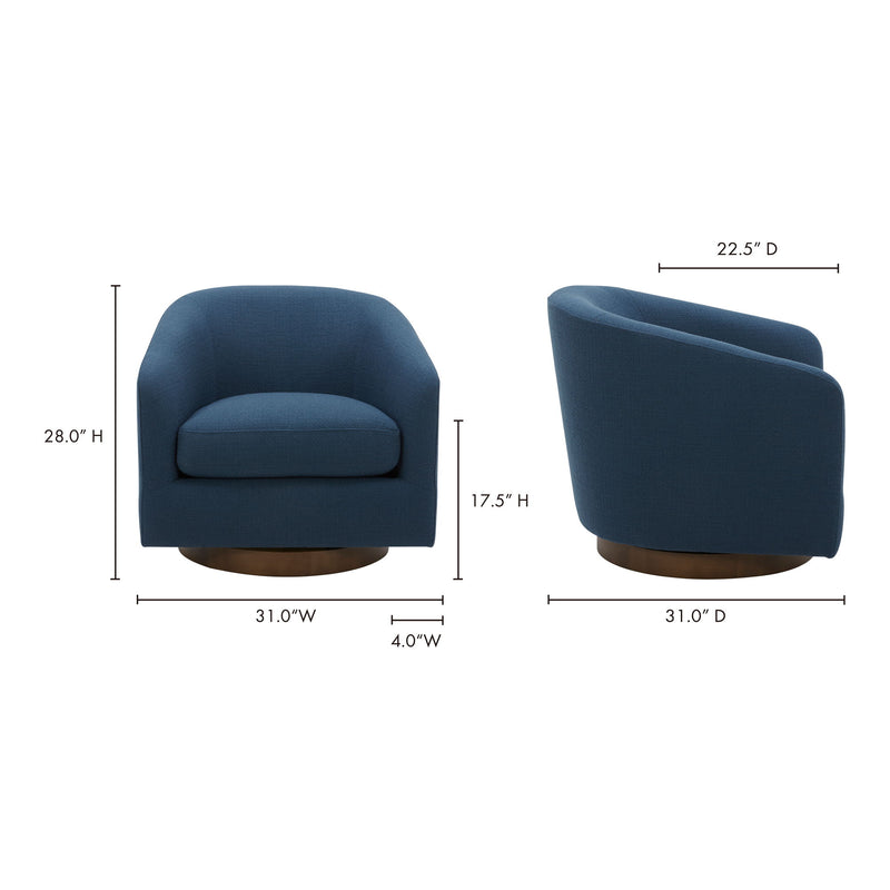 Blue swivel chair with rounded arms; front and side views with dimensions