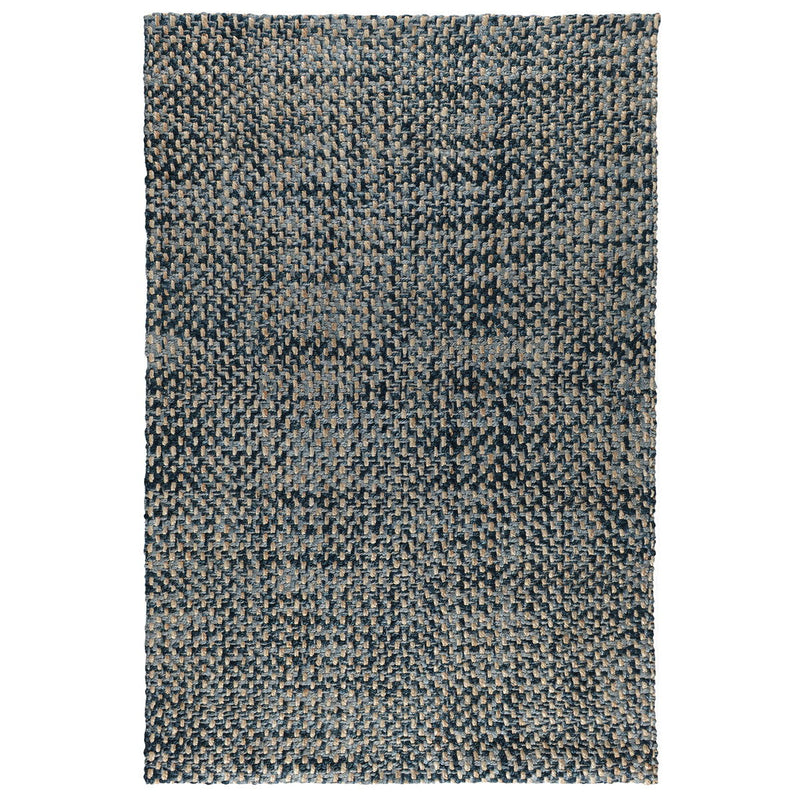 Indigo flat-weave rug with cream flecks, smooth surface, rectangular design