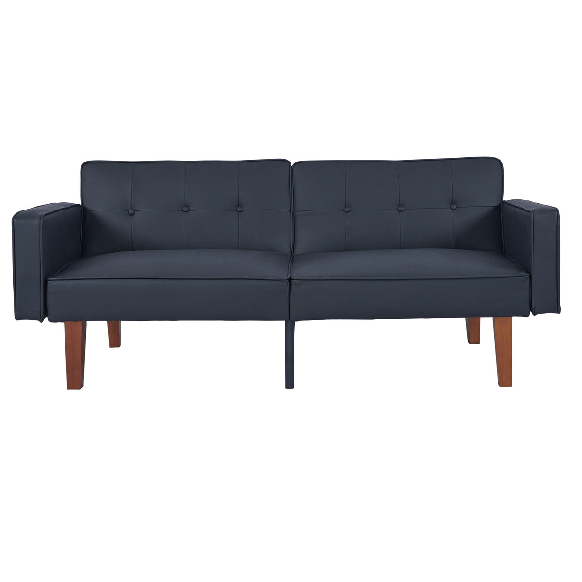 Dark navy tufted sofa bed with adjustable split back and padded arms