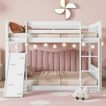 Twin Over Twin Floor Bunk Bed, Playhouse Floor Bunk Bed with Climbing Ramp, Ladder, Safety Guardrails, White
