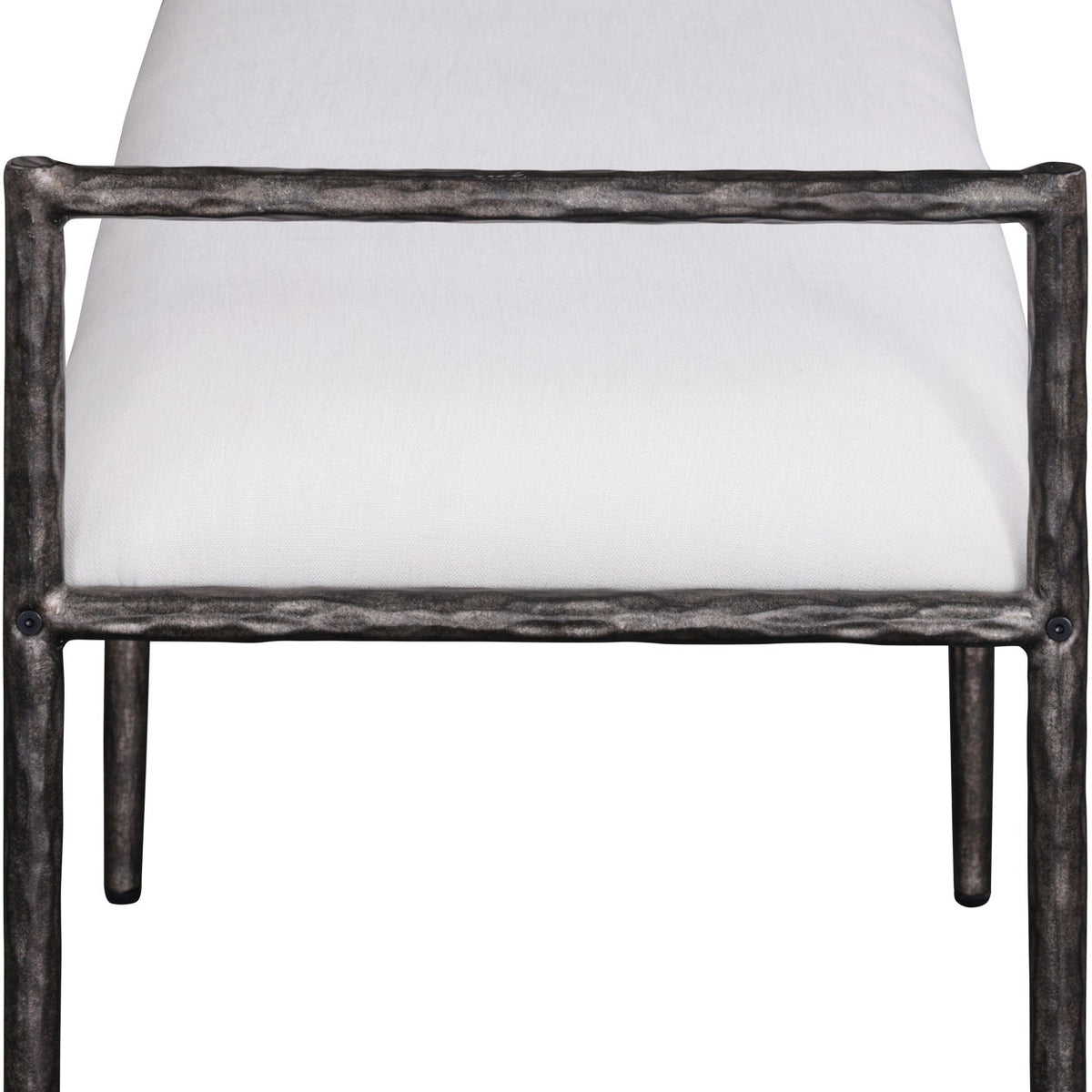 Upholstered bench with dark metal frame and white cushioned seat