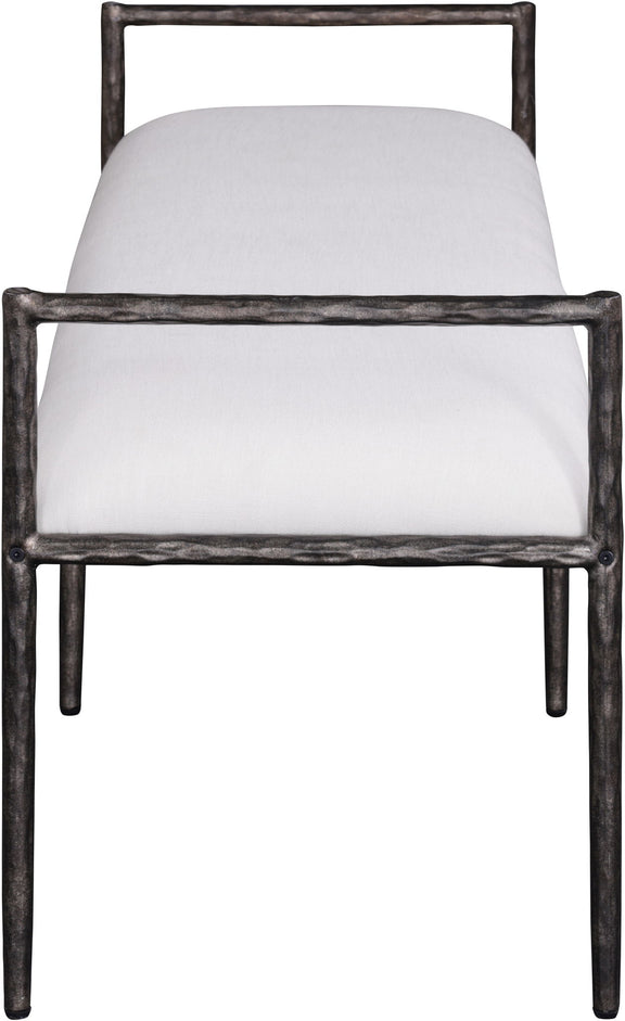 Upholstered bench with dark metal frame and white cushioned seat
