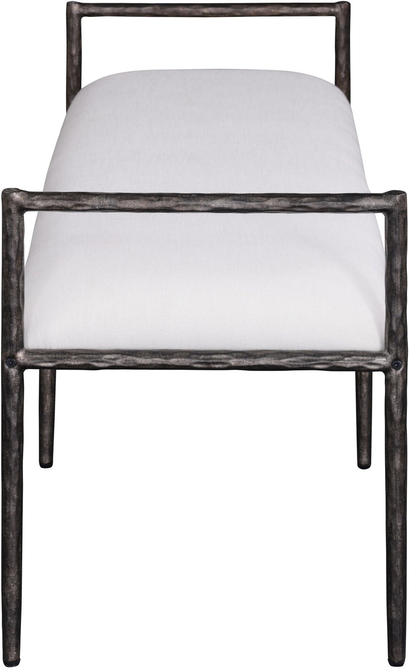 Upholstered bench with dark metal frame and white cushioned seat