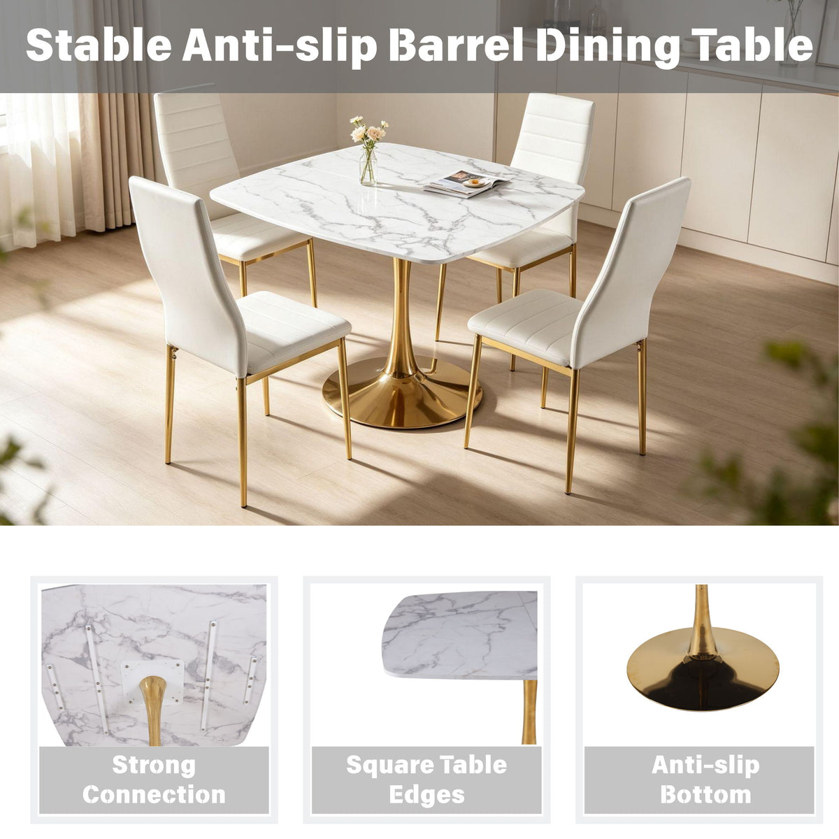 White marble-look dining table with gold pedestal and four chairs in room