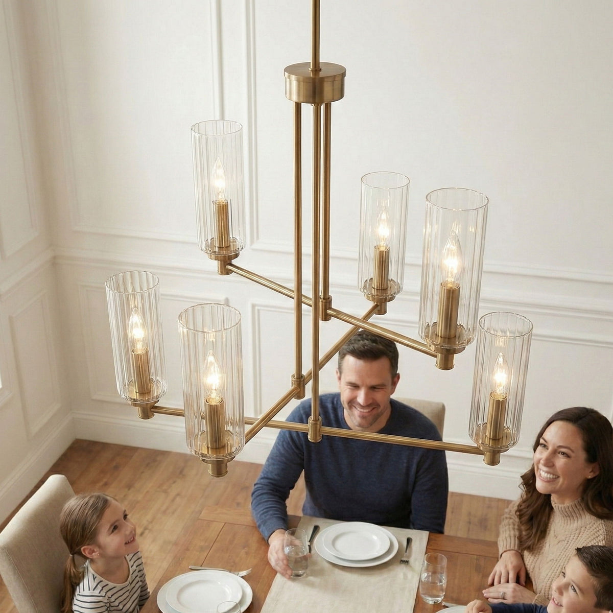 Six-light antique brass chandelier with clear ribbed glass shades and vertical tubes