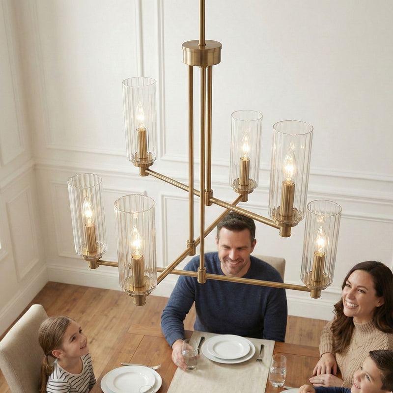 Six-light antique brass chandelier with clear ribbed glass shades and vertical tubes