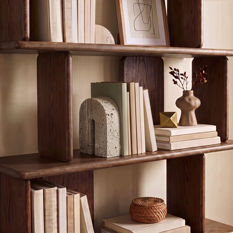 Beige travertine bookend on a shelf, arched shape with vertical slot