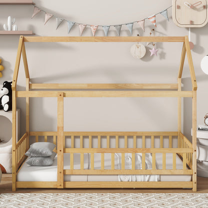 Twin Size House Floor Wooden Bed with Roof Frame, Safety Guardrails, Natural