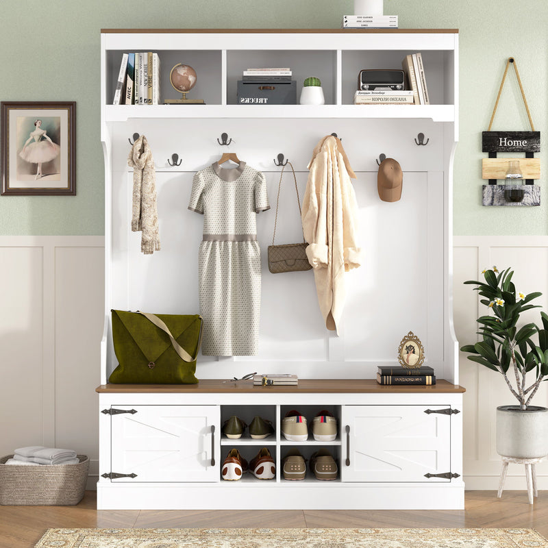 White hall tree with bench and open cubbies showing clothes and shoes